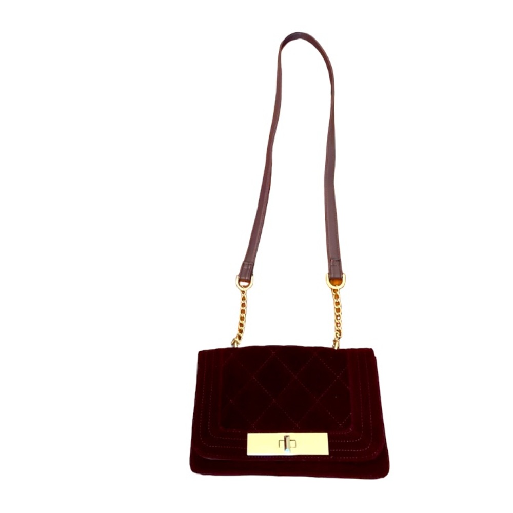 Maroon Velvet Shoulder Purse With Gold Details. Retro Style. Very Cute And Chic.